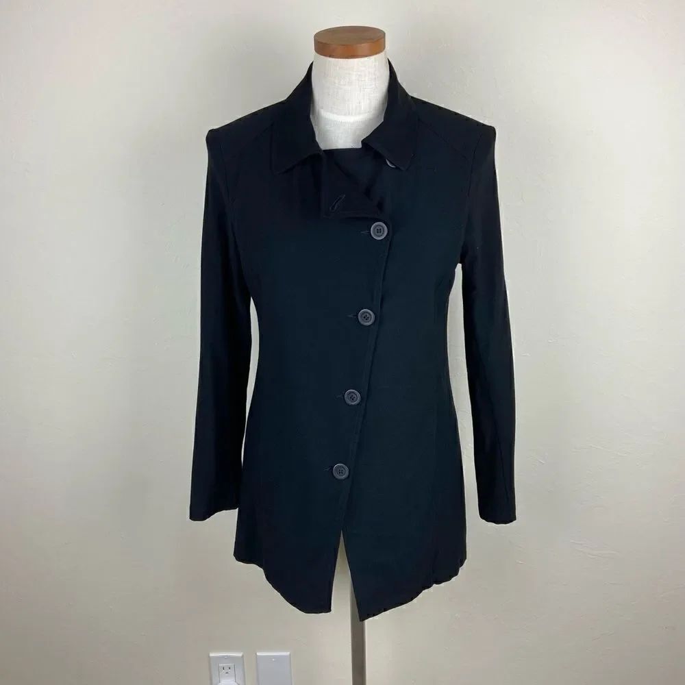 Eileen Fisher Asymmetric Knit Stretch Button-Up Jacket - Black